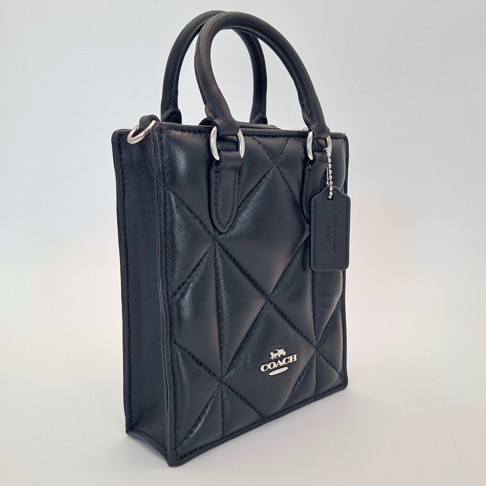 Coach CJ580 North South Mini Tote Puffy Diamond Quilted Black Leather Crossbody
